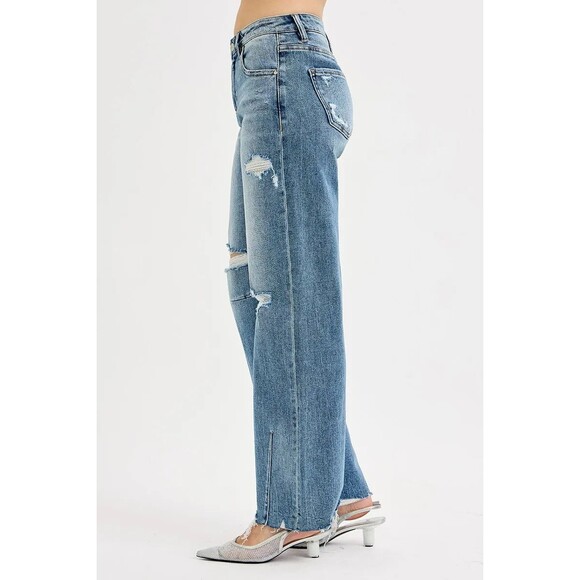 RISEN Mid Rise Fit Wide Baggy Leg Tie Washed Jeans Plus Size - Picture 4 of 6